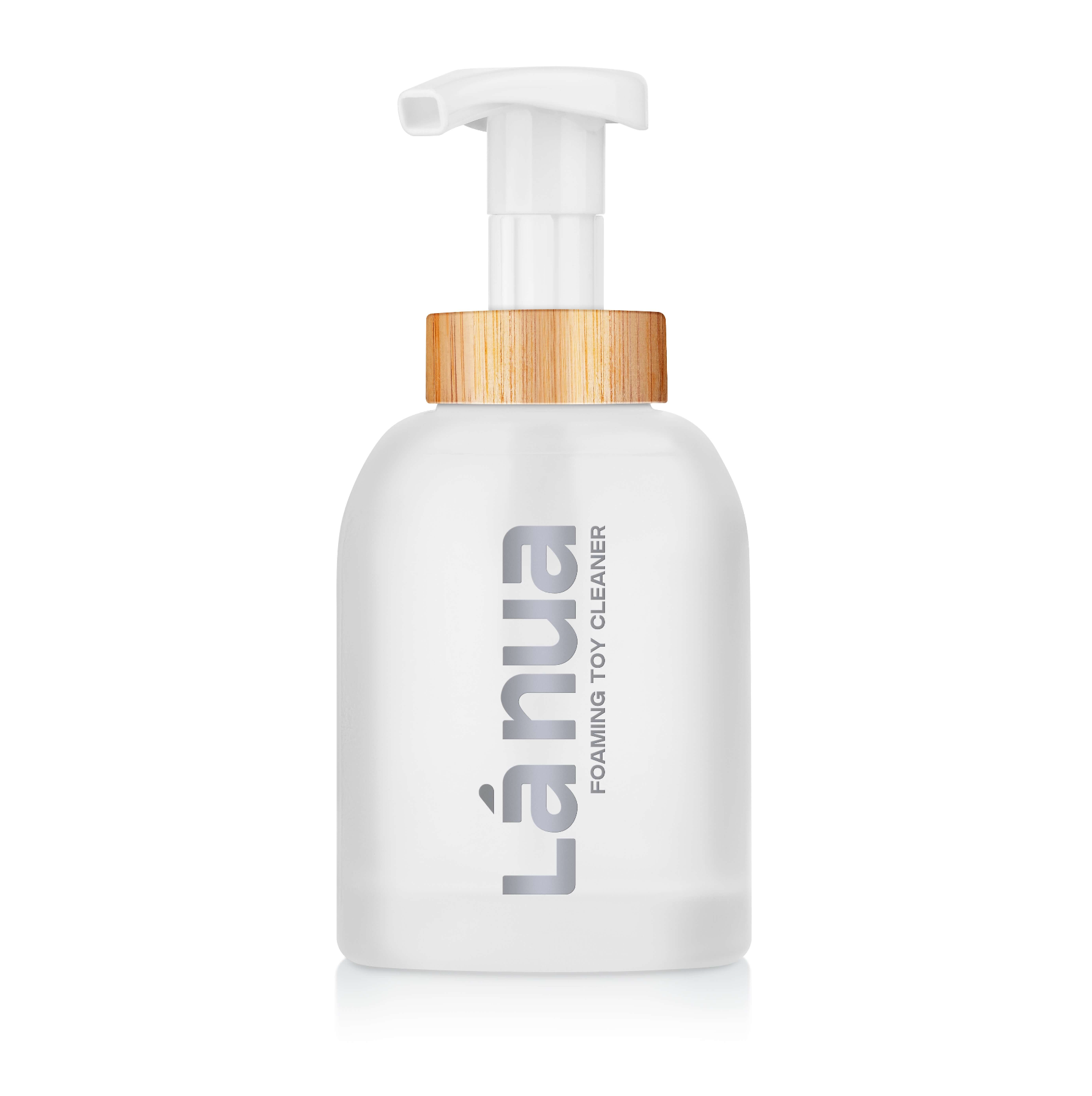 White sex toy cleaner bottle with pump and wooden cap labeled 'Lánua' on a white background